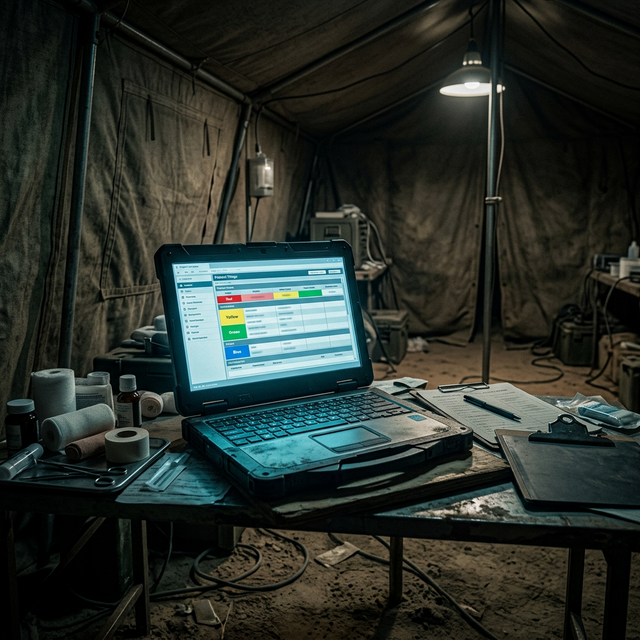 Laptop running triage software in a field hospital tent